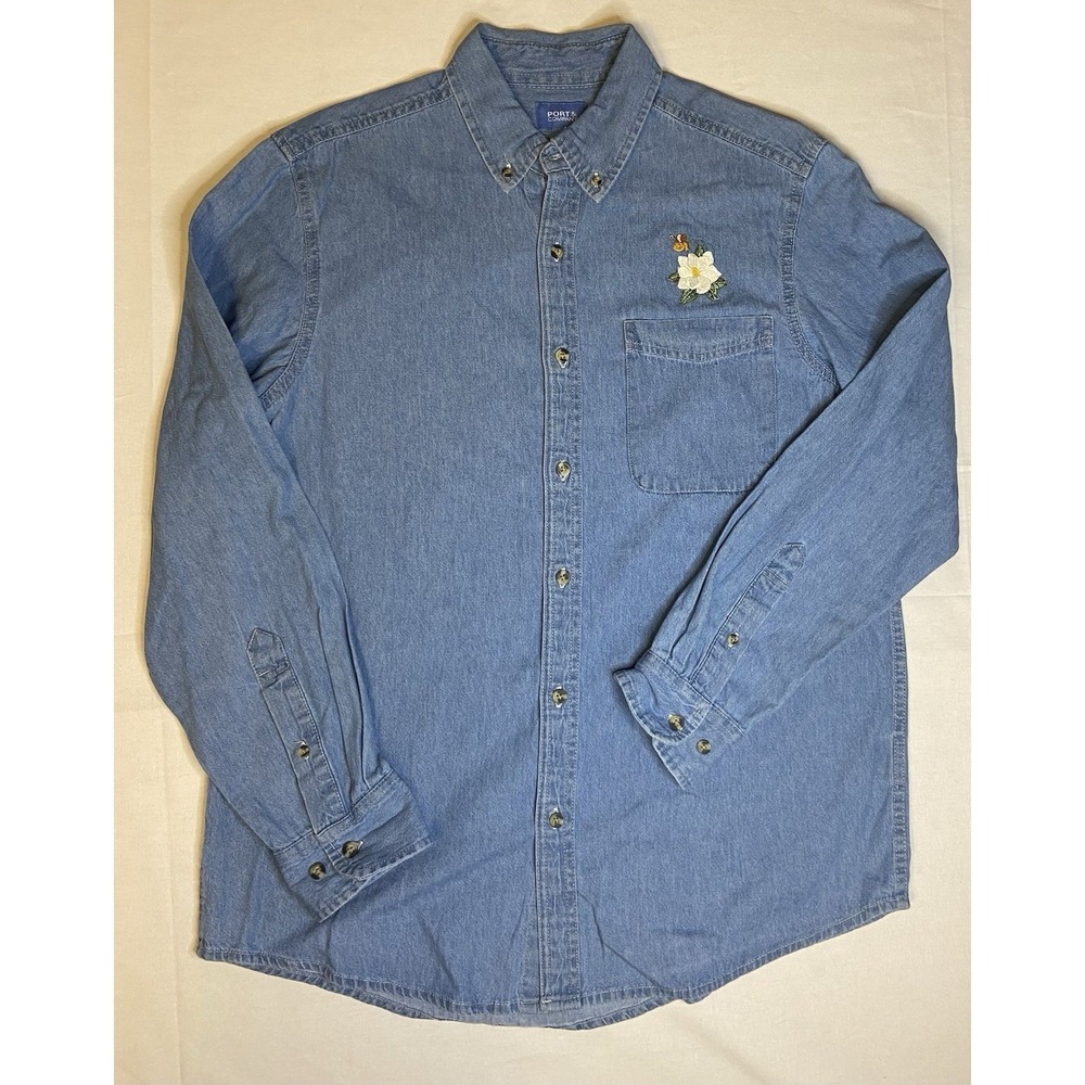 Vintage Port & Company Women's Button Up Blue Shirt Size Medium Preloved